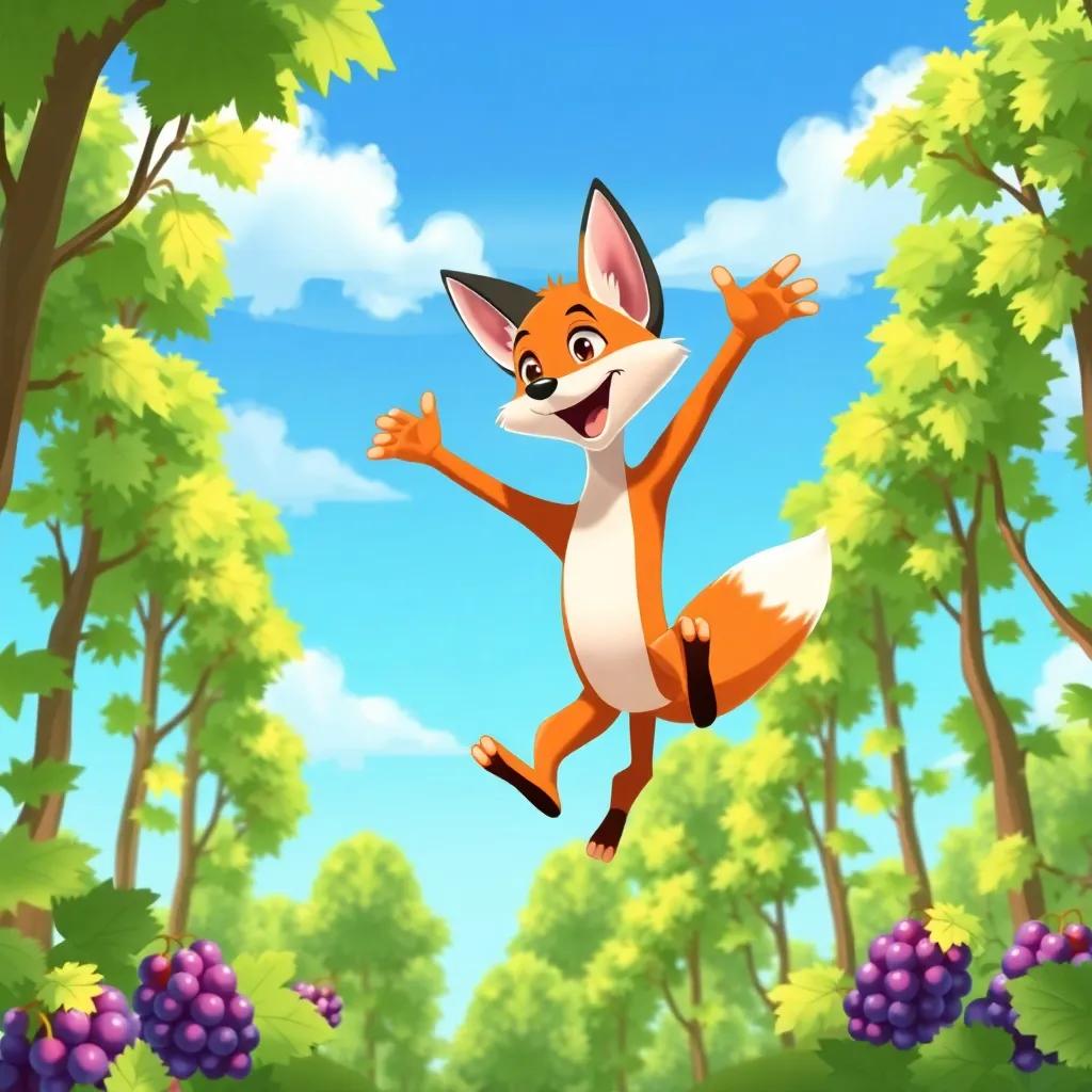 Felix, the fox, jumping with all his might towards the grapes, surrounded by tall green trees and a clear blue sky, determination on his face, playful illustration, bright and lively, adventure-themed, child-friendly