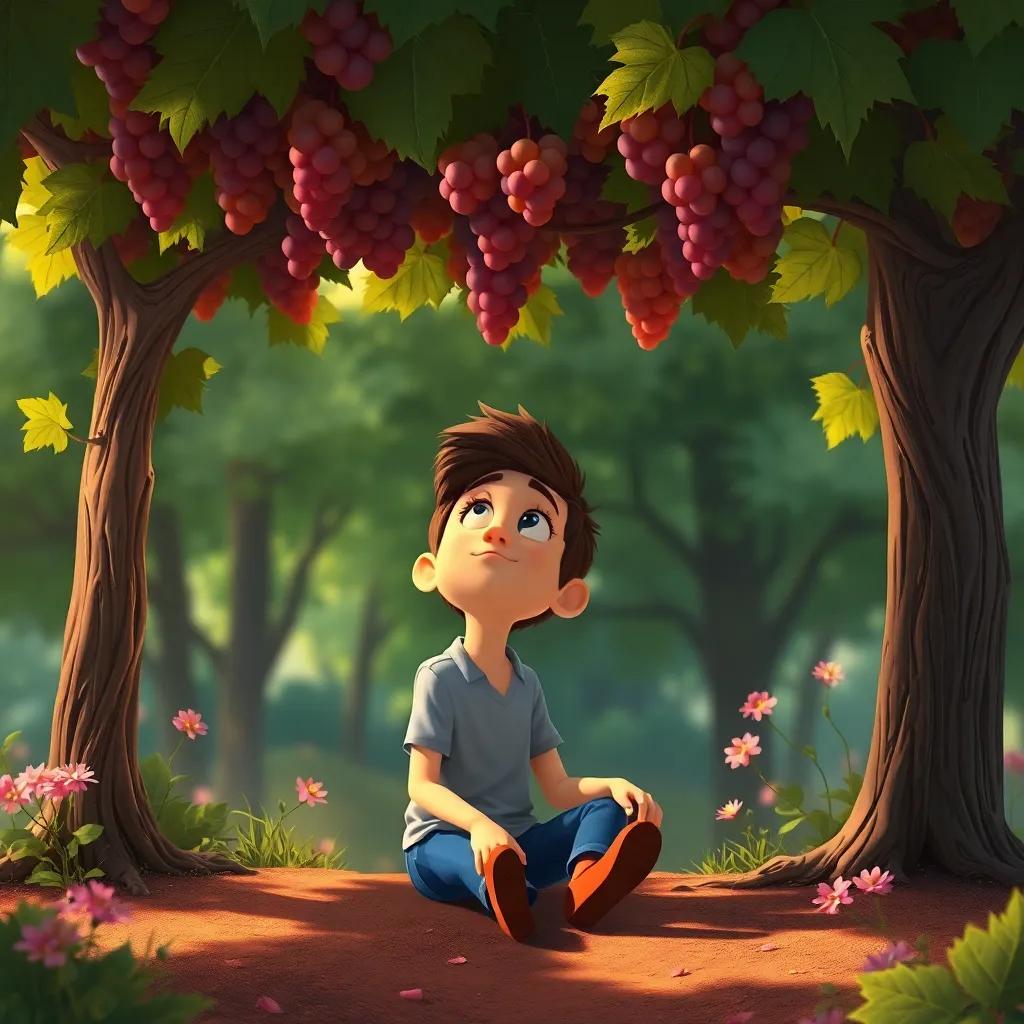 Felix sitting under the grapevine, looking up with a thoughtful expression, trees and flowers around, a sense of calm and nature, warm light, delightful colors, storytelling scene, whimsical style