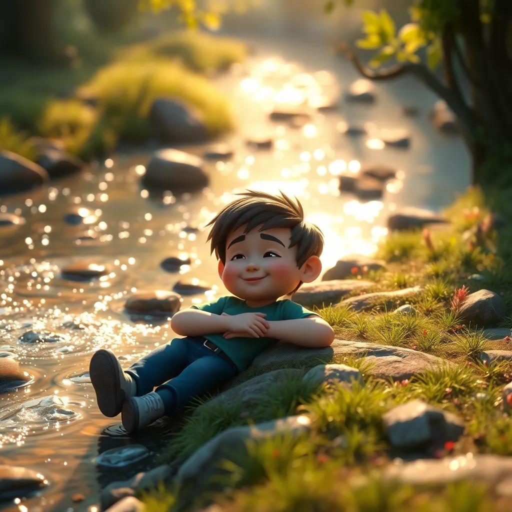 Felix resting by a sparkling stream, looking peaceful and content, surrounded by nature's beauty, soft warm light, picturesque, serene imagery, rich colors, high quality