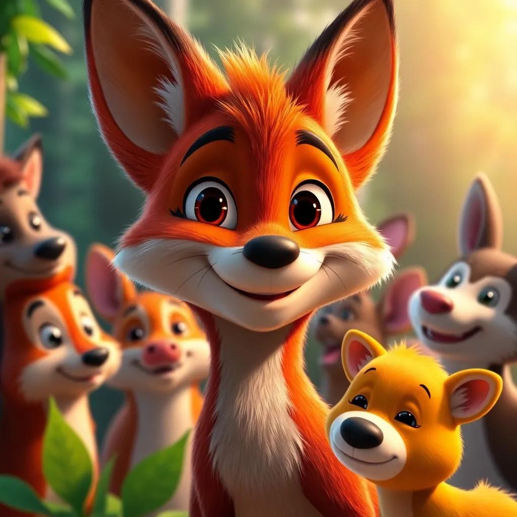 A close-up of Felix, the clever fox, smiling and reflecting, surrounded by friendly forest animals, showcasing a sense of community and friendship, colorful, warm atmosphere, inviting and uplifting