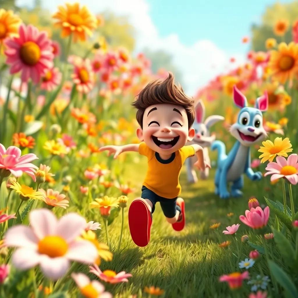 Felix running happily through a field of flowers, joined by his friends, representing joy and happiness, bright colors, dynamic action, charm and excitement, engaging scene
