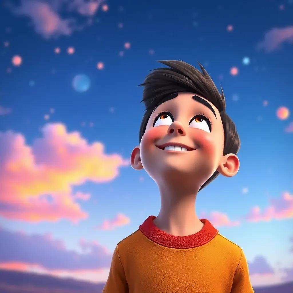 Felix looking up towards the sky with a satisfied smile, realizing that there are many wonderful things in life, amidst a colorful horizon, vibrant colors, uplifting mood, heartwarming perspective