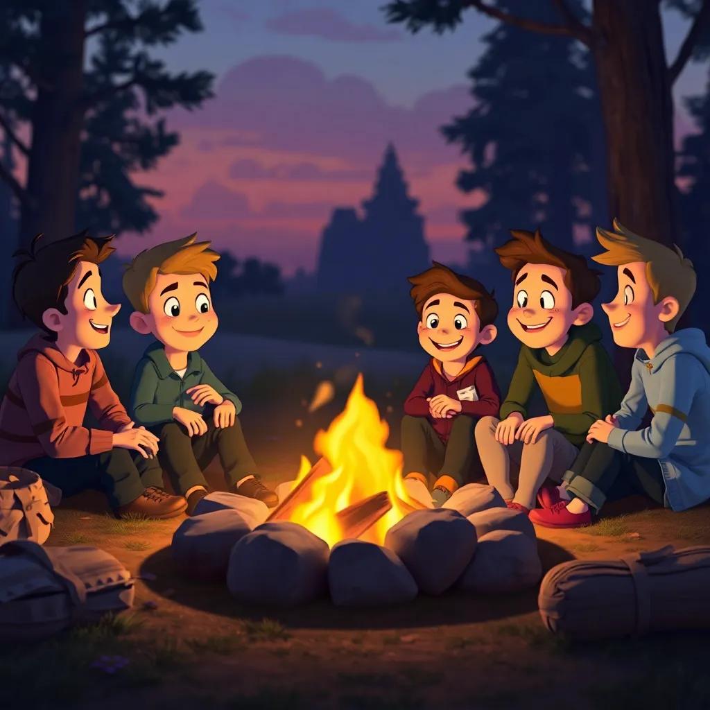 Felix sitting contentedly with his friends around a campfire, enjoying their friendship and laughter, soft evening light, comforting colors, cozy setting that radiates joy and togetherness