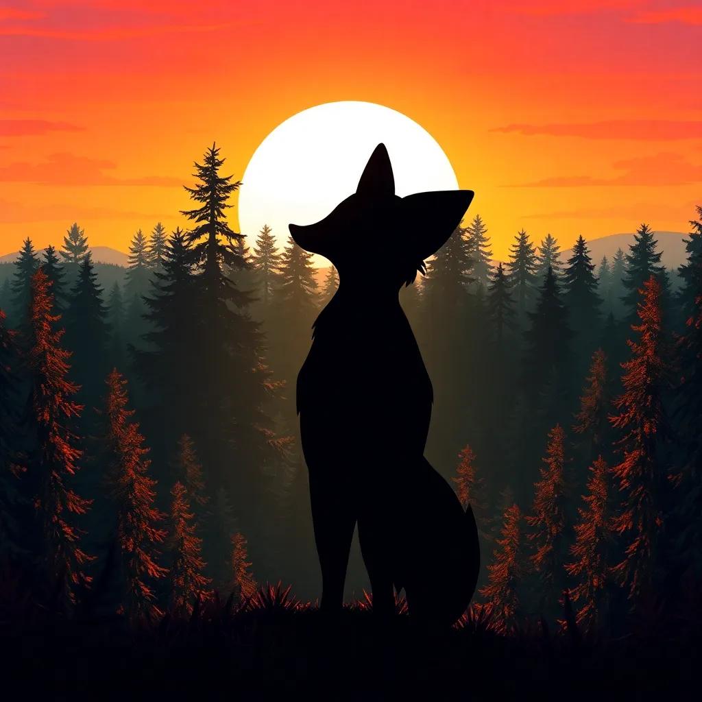 The forest with Felix, the clever fox's silhouette against a sunset sky, symbolizing freedom and acceptance, artistic, vivid colors, serene atmosphere, inspiring view, high quality