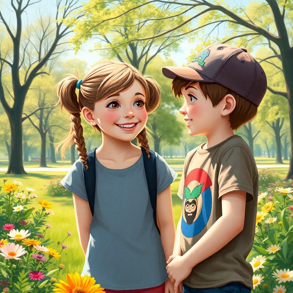 A brave eight-year-old girl, Ellie, with pigtails and a bright smile, talking to her friend Max, wearing a cap and a T-shirt, in a sunny Mayfield park surrounded by trees and flowers, cheerful atmosphere, digital art, vibrant colors, engaging scene, high quality