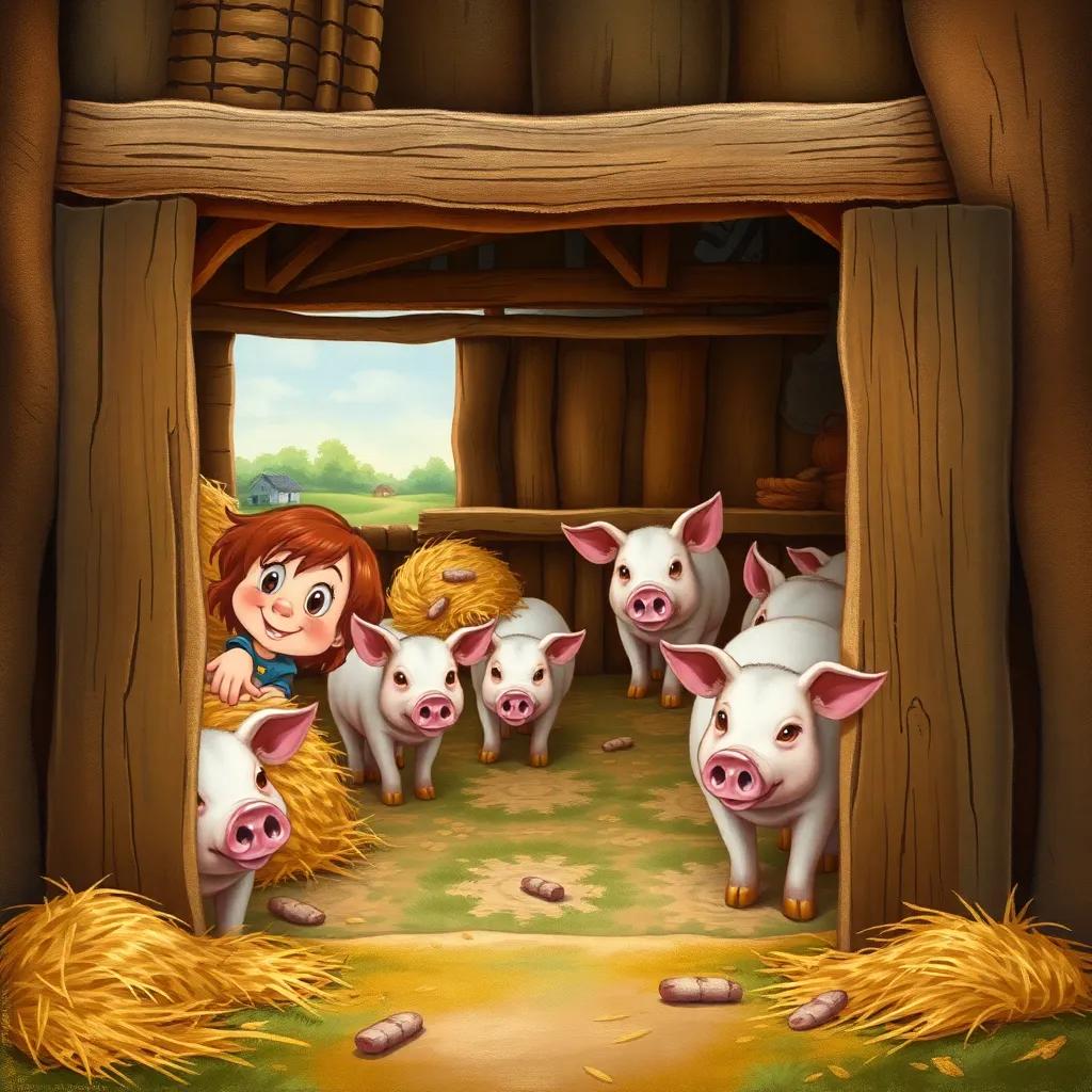 A small barn at Mr. Trundle's farm, with Ellie and Max peeking around the corner, curious expression, the barn filled with hay and friendly hogs, colorful and lively, playful vibe, storytelling style, high quality