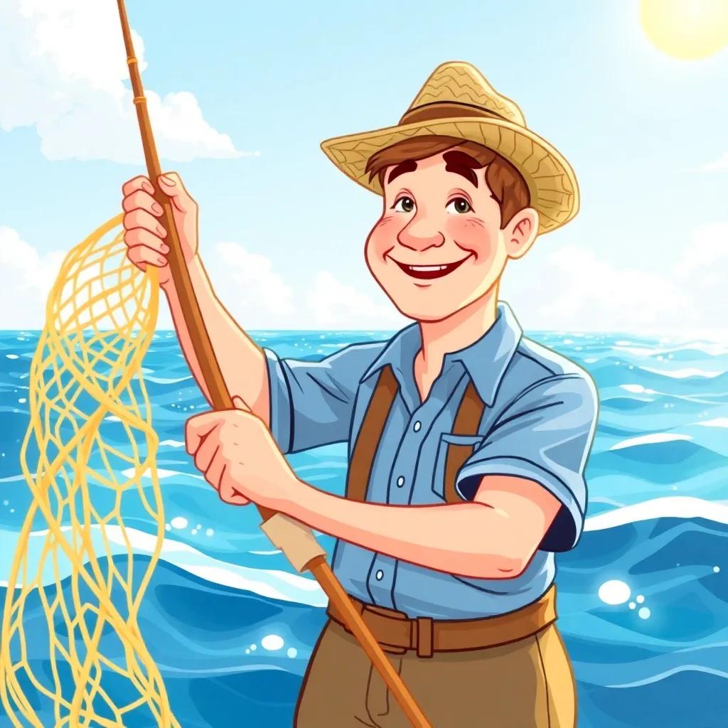 A fisherman named Tom, a middle-aged Caucasian man with short brown hair, wearing a blue shirt and a straw hat, casting his net into the sparkling ocean, bright sun and a clear sky, cheerful atmosphere, illustration, colorful, child-friendly