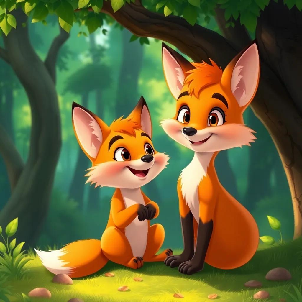 A clever little fox named Felix with bright orange fur and bushy tail, sitting under a tree, smiling and looking at his friends excitedly, lush green forest background, digital art, vibrant colors, warm light, cheerful atmosphere, high quality