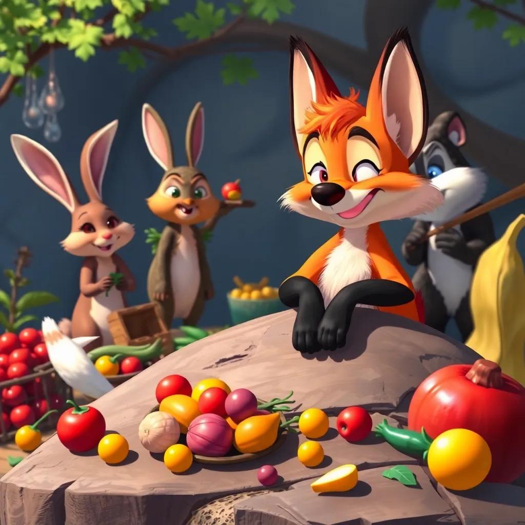 Felix the fox, lounging on a rock while the rabbit, owl, and badger work hard, gathering fruits and vegetables, colorful feast preparation scene, detailed digital art, bright colors, lively and engaging, high quality