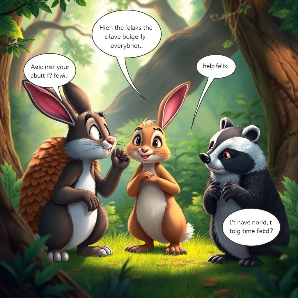 Rene the rabbit whispering to the owl and badger, looks concerned, lush forest backdrop, creatures expressing their feelings about Felix, detailed illustration, vibrant colors, warm light, storytelling view, high quality