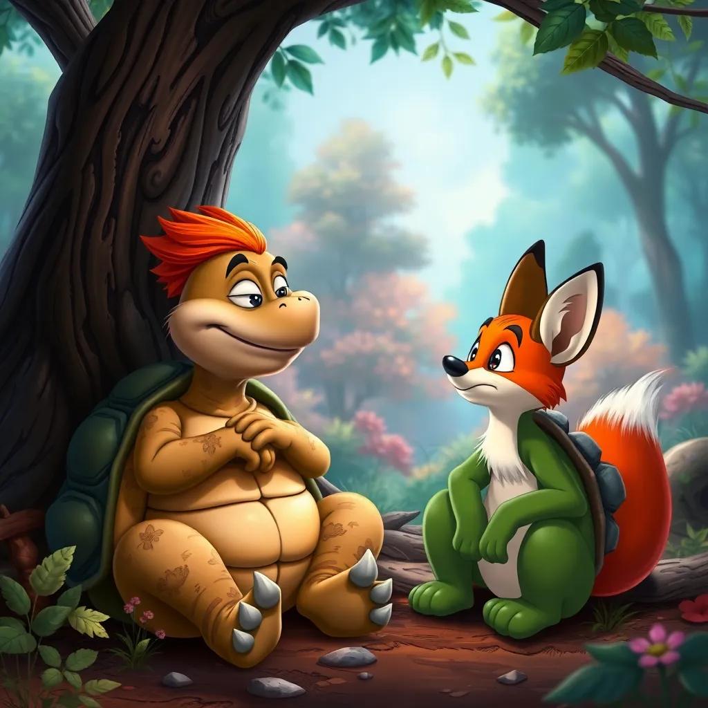 A wise old tortoise talking to Felix the fox, both sitting under a tree, Felix looking surprised, colorful forest scenery, friendly and thoughtful atmosphere, digital art, detailed, rich colors, high quality