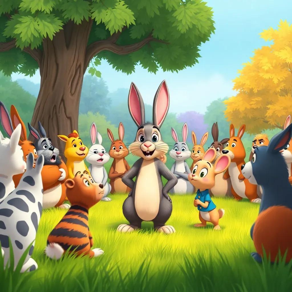 Rene the rabbit leading a meeting with all the animals gathered around, Felix looking worried but surprised, vibrant grass and trees around, illustration, engaging, heartfelt scene, high quality