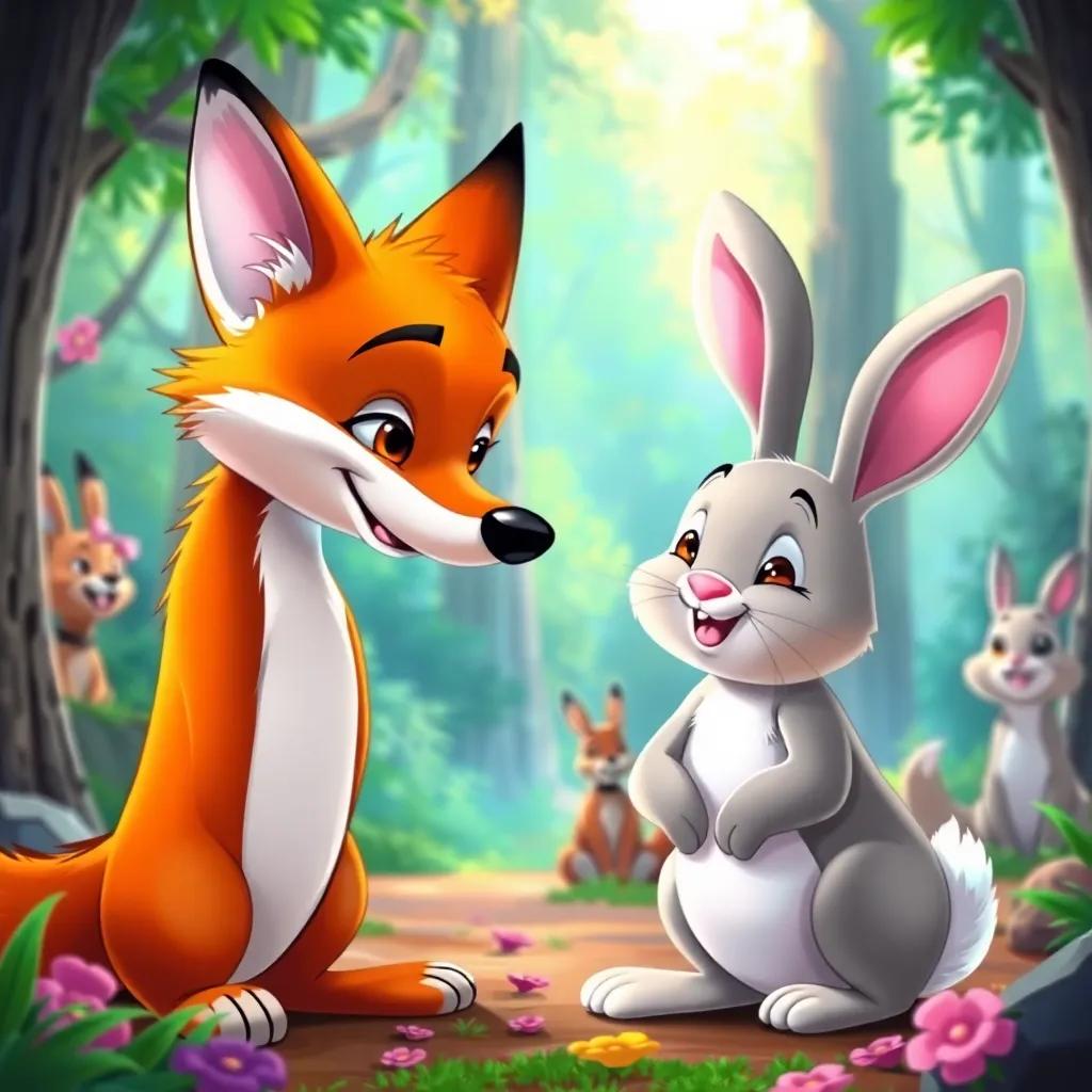 Felix the fox approaching the rabbit to apologize, both smiling as forest animals watch, colorful forest setting, cheerful and hopeful, digital drawing, bright and inviting colors, high quality