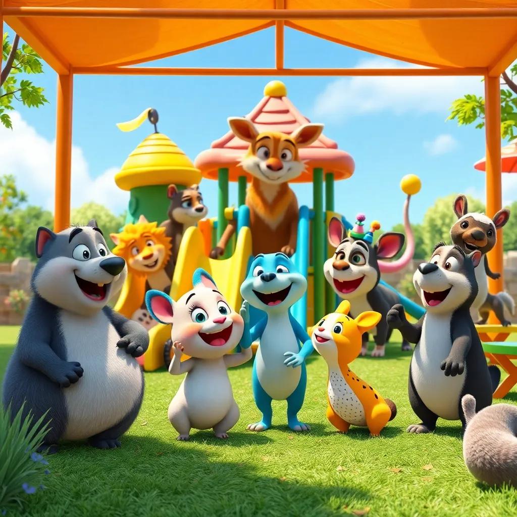 All animals playing happily in the new playground, Felix joining in, laughing and making amends, colorful play equipment, sunny day, fun and vibrant atmosphere, detailed digital art, lively and cheerful, high quality