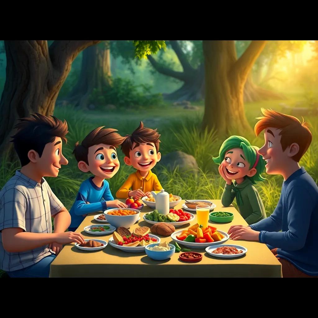 A final scene showing Felix and his friends sharing a meal together, laughing around a table, colorful food spread in a clearing, friendly atmosphere, warm light, storytelling farewell, high quality