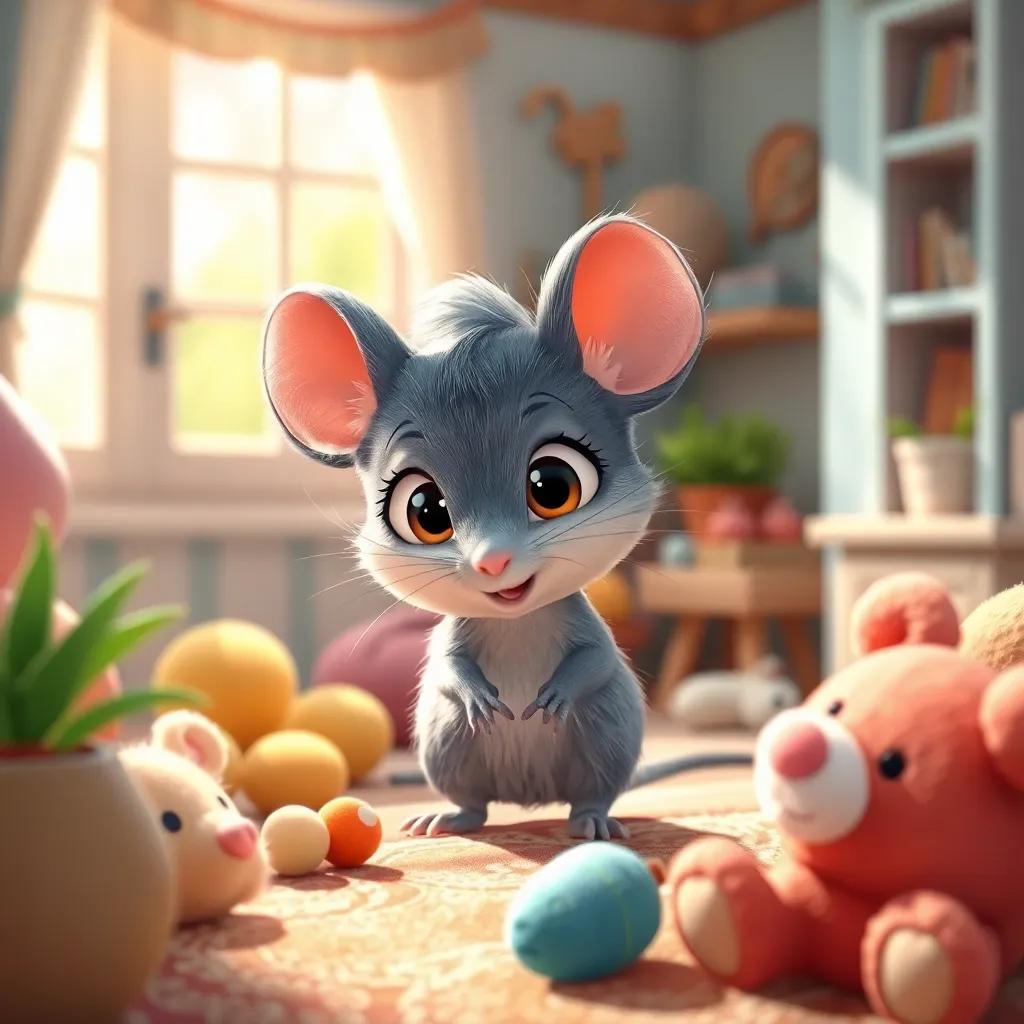 A small gray mouse named Mia with twitching ears and bright eyes, exploring a cozy little house, surrounded by warm sunlight and soft toys, detailed digital art, cheerful colors, inviting atmosphere, high quality