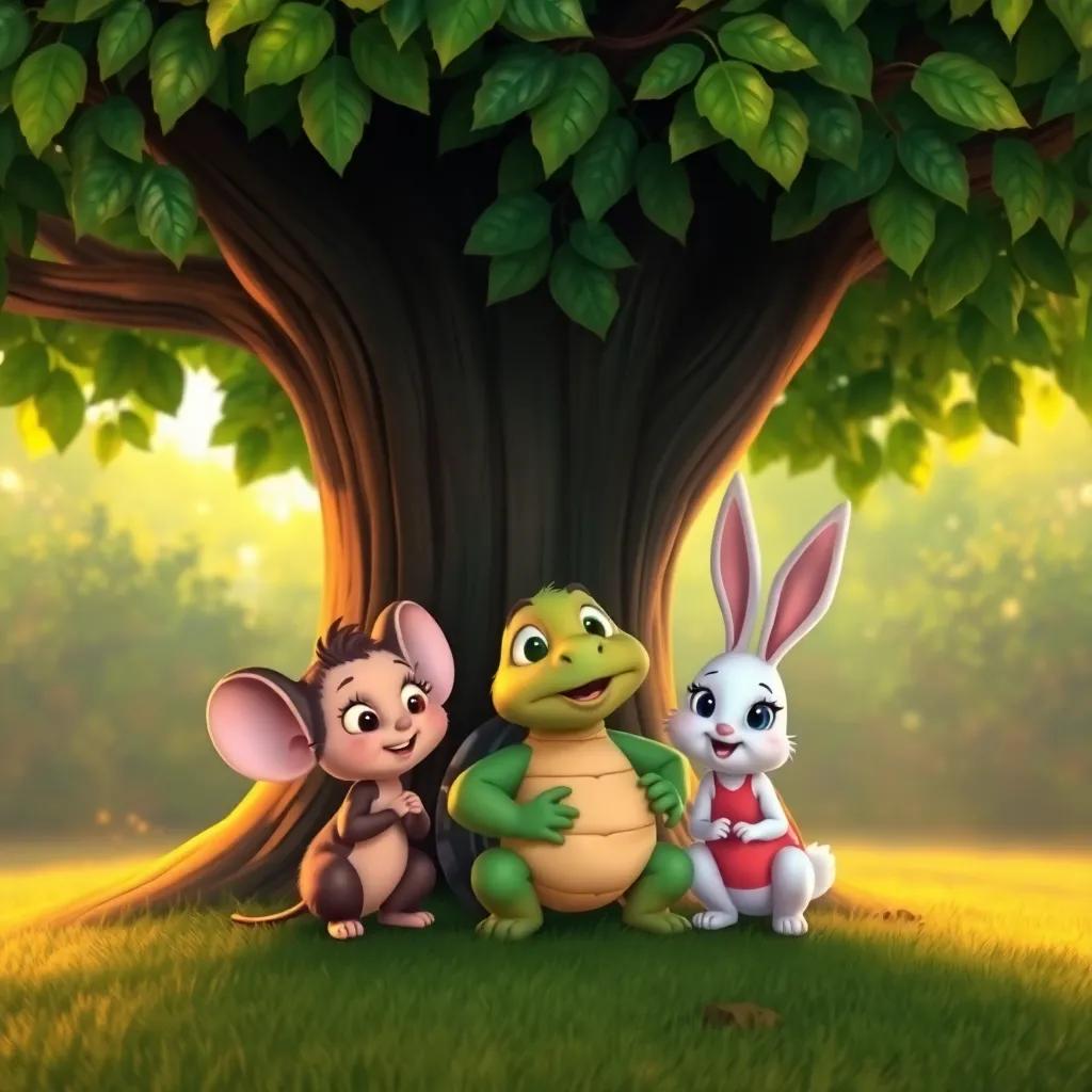 Mia the mouse with her friends, Tommy the turtle and Bella the bunny, huddling together under a big tree, looking nervous yet brave, bright green leaves above, warm tones, cheerful scene, high quality