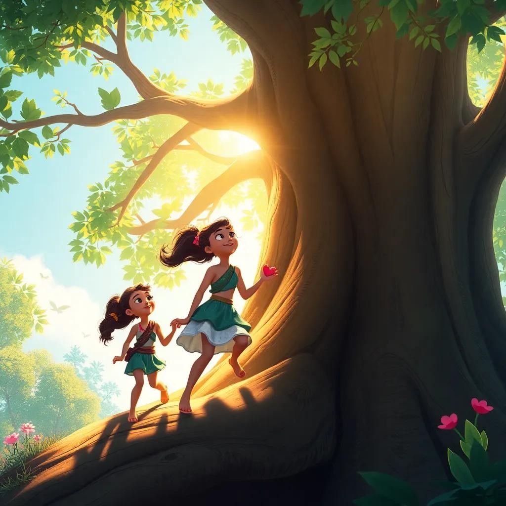 Mia leading her friends up the trunk of the big tree, hearts racing, with sunlight filtering through the leaves, detailed digital art, bright colors, enchanting atmosphere, high quality