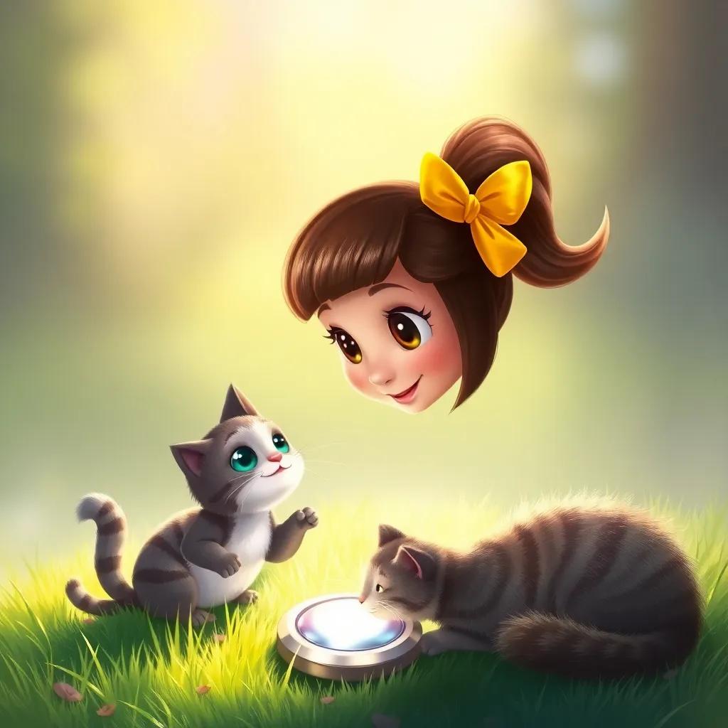 Mia looking down at Clyde, the cat, using a clever plan with a shiny button, gleaming brightly on the grass, filled with excitement, digital painting, playful, friendly colors, high quality