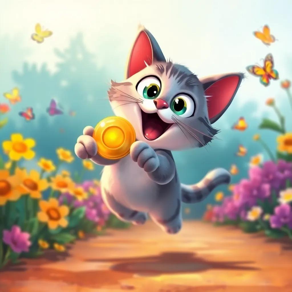 Clyde the cat chasing after the shiny button, leaping in the air with wide eyes, colorful garden background with curious butterflies, whimsical illustration, vivid colors, high quality