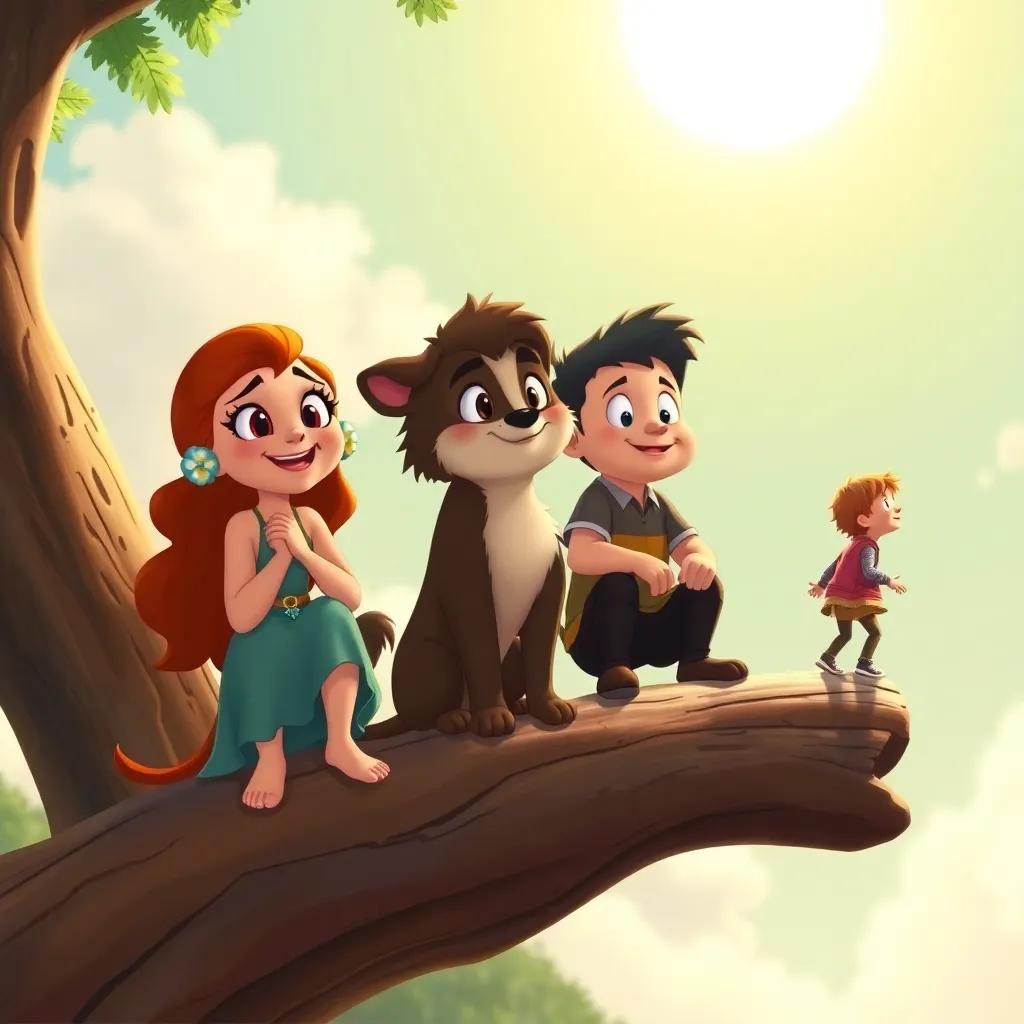 Mia, Bella, and Tommy on a sturdy branch with smiles of relief, watching Clyde wander away confused, bright sun shining, warm light, detailed cartoon, uplifting scene, high quality