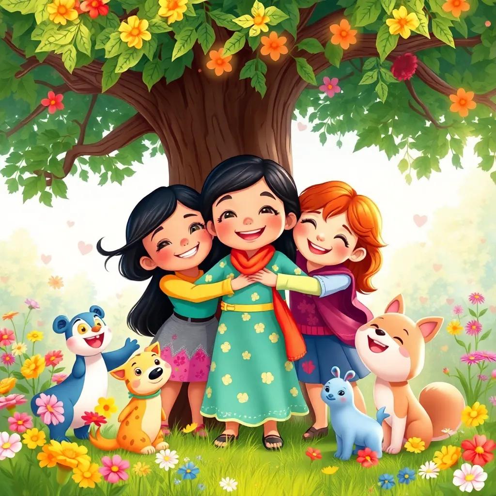 Mia with her friends celebrating their bravery, hugging each other joyfully under the tree, surrounded by colorful flowers and happy animals, cheerful atmosphere, colorful illustration, heartwarming scene, high quality