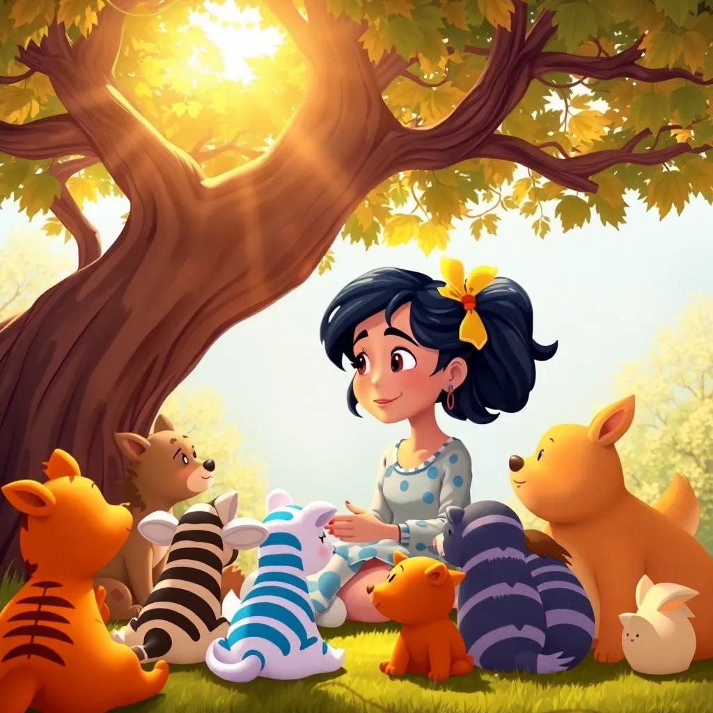 Mia teaching her friends clever tricks, sitting under a tree full of friendly animals listening, warm sun shining through leaves, joyful scene, engaging illustration, fun details, high quality