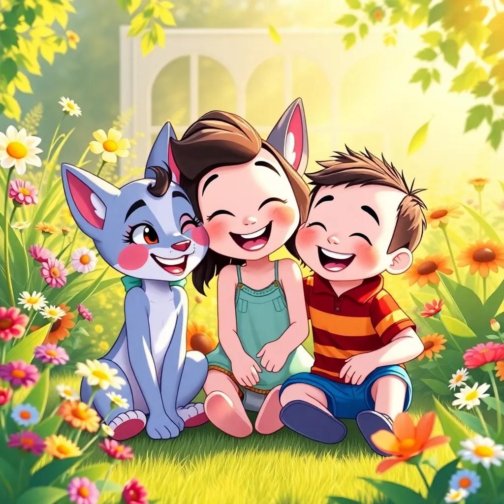 The happy trio, Mia, Bella, and Tommy, playing together in the garden, surrounded by flowers and sunshine, laughing and enjoying their friendship, vibrant cartoon style, bright colors, high quality