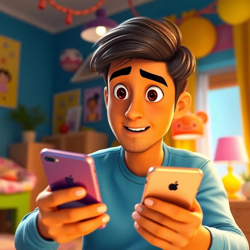A clever man named Amir, with short black hair wearing a simple blue shirt, sitting in his bright room, looking at his shiny phone with surprise, colorful decorations, cheerful atmosphere, warm light, cheerful colors, high quality