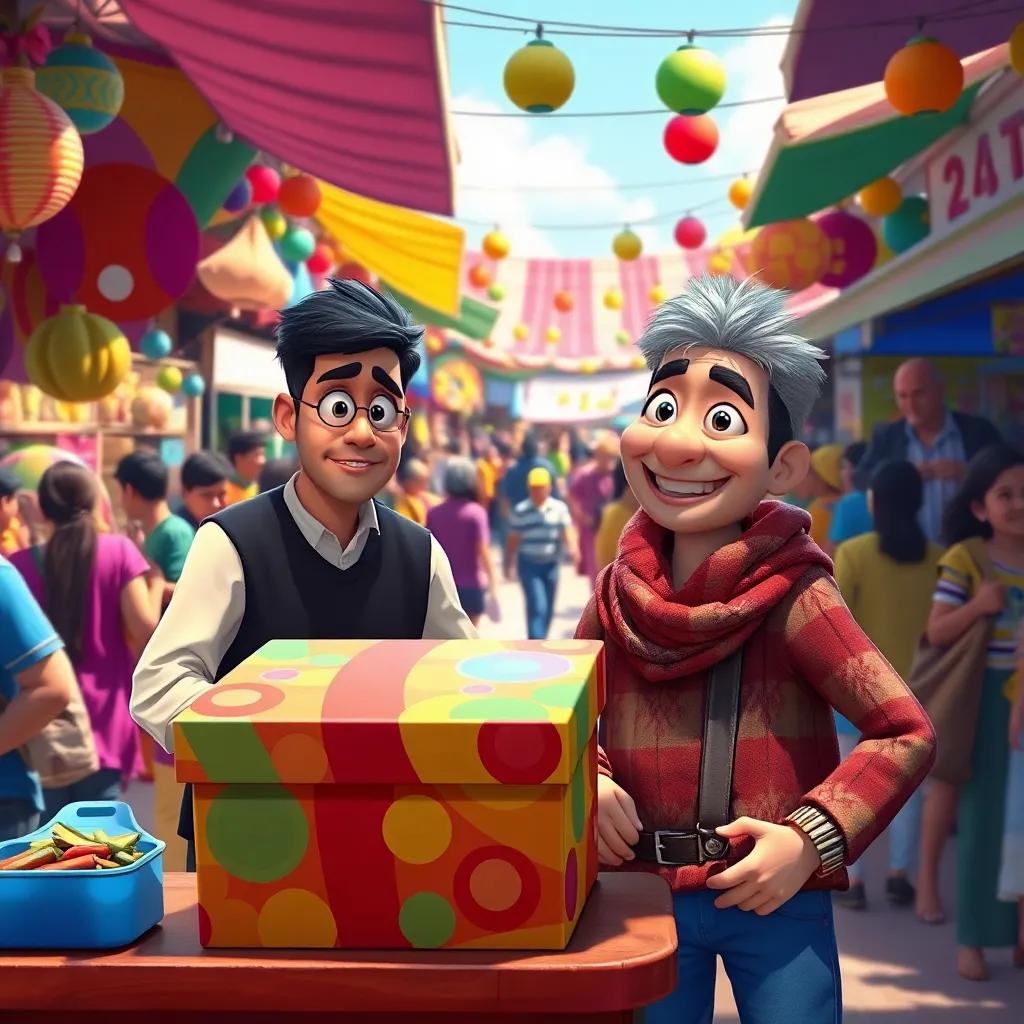 A colorful market full of people, a big, colorful box placed on a table, Amir looking at the box suspiciously with concerned eyes, a smiling fake Amir with unusual clothing nearby, energy and excitement, sunny day, detailed, vibrant colors, storytelling view, friendly atmosphere