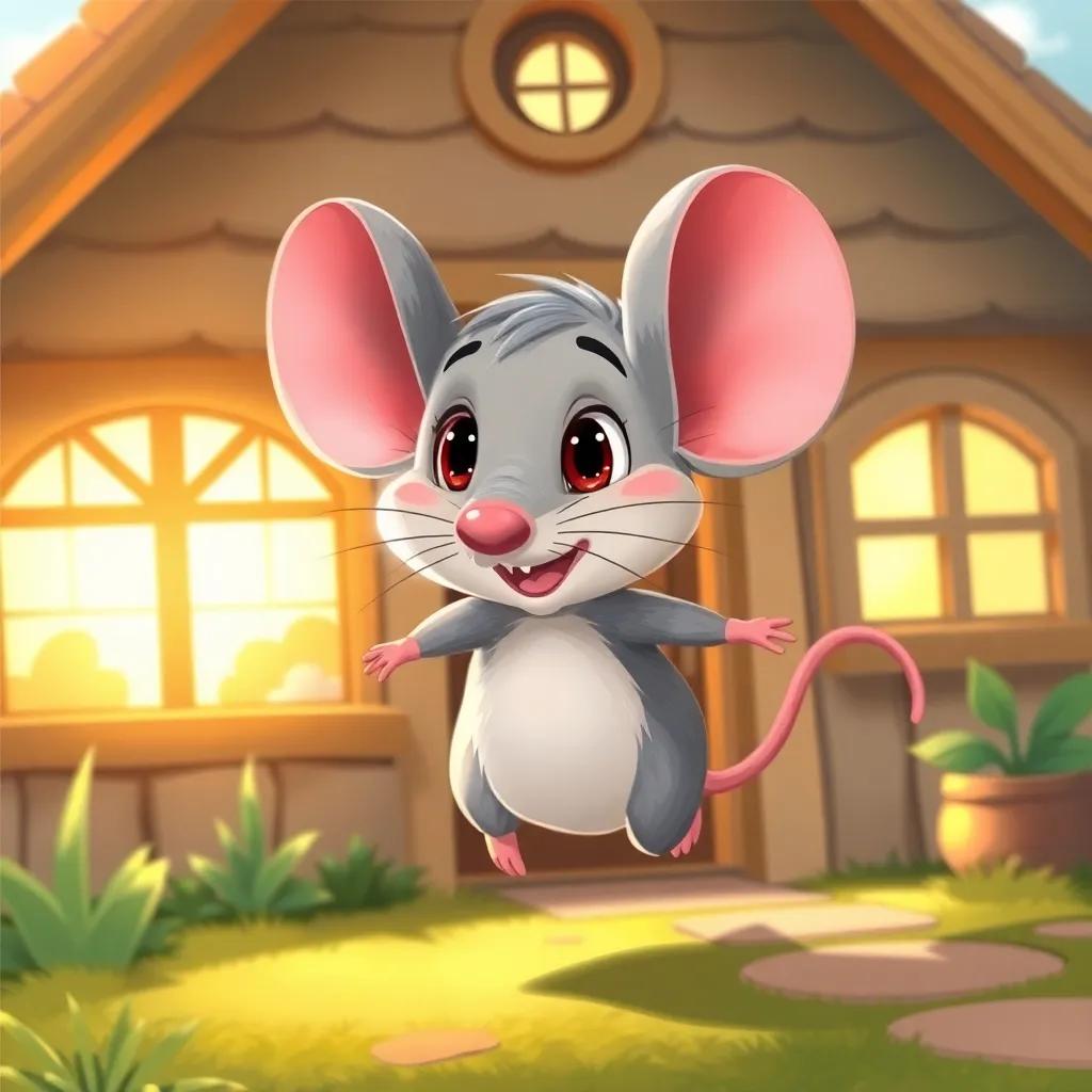 A clever mouse named Max with grey fur and big ears, darting playfully around a cozy little house filled with warm sunlight, digital art, cheerful colors, homely atmosphere, dynamic angle, high quality