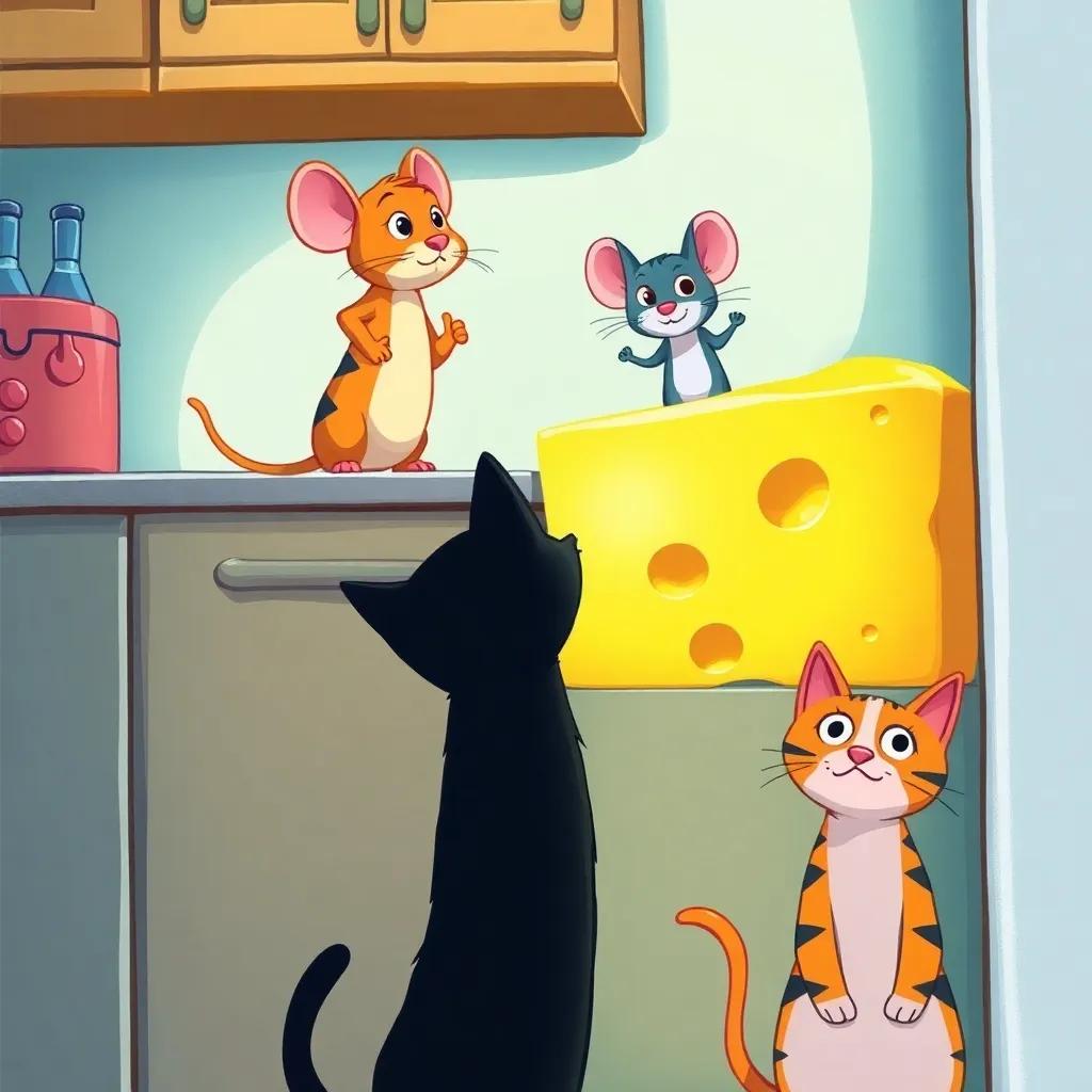Max, the clever mouse, standing confidently on a kitchen cabinet near a big block of cheese, with two cats, Whiskers and Mittens, watching eagerly below, colorful, vibrant lighting, engaging perspective, bright and fun