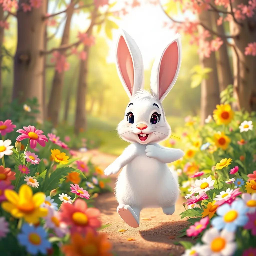 A cheerful forest scene with Benny, a clever rabbit with fluffy white fur and long ears, hopping among colorful flowers, sunny day, vibrant, warm light, playful atmosphere, charming illustration, bright colors
