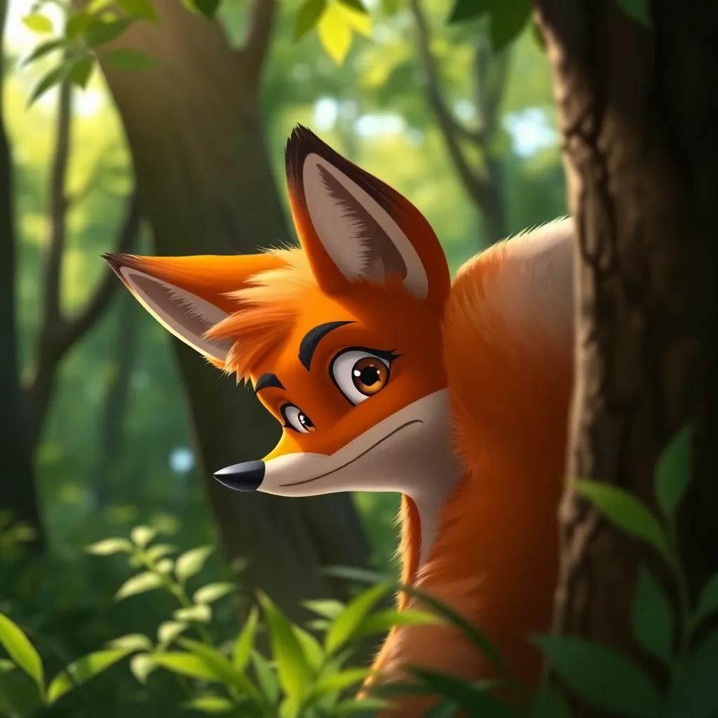 Freddy, a cunning fox with orange fur and bushy tail, hiding behind a tree, trying to look secretive, green forest background, sunlight filtering through leaves, sneaky, mysterious vibe, sharp focus, engaging composition