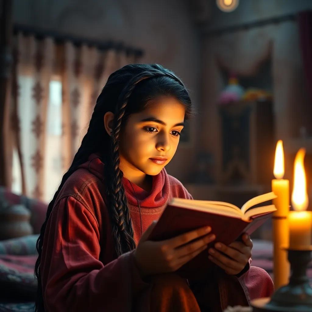 Amina, a young Arab girl with dark braided hair, wearing simple clothes, studying by candlelight in a village home with a warm glow, digital art, cozy atmosphere, vibrant colors, inviting scene, high quality