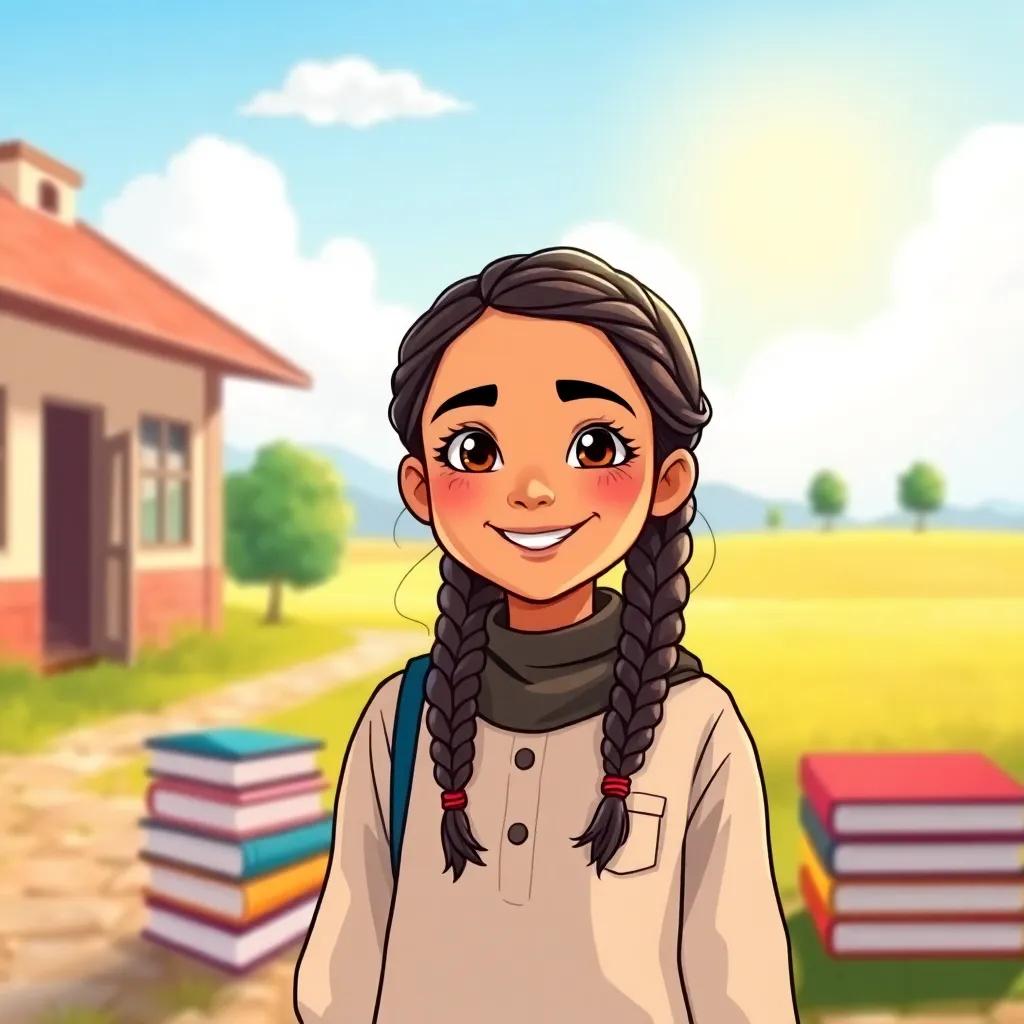 Amina, a young Arab girl with dark braided hair, wearing a simple outfit, smiling in front of her school with books and a sunny field, illustration, cheerful, bright colors, happiness, child-friendly, high quality