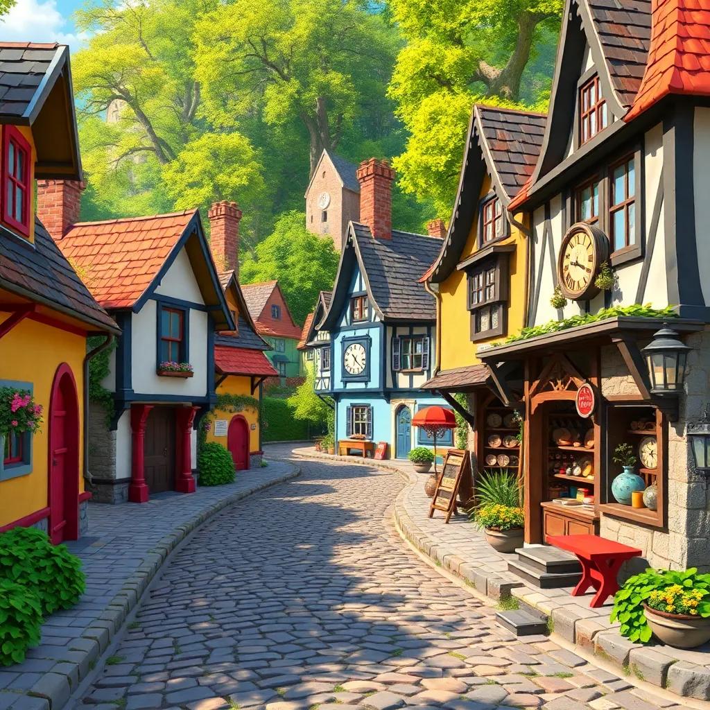 A quaint village of Elderglen with cobblestone streets, colorful houses, and a clockmaker's shop filled with clocks, digital art, bright and cheerful colors, high quality