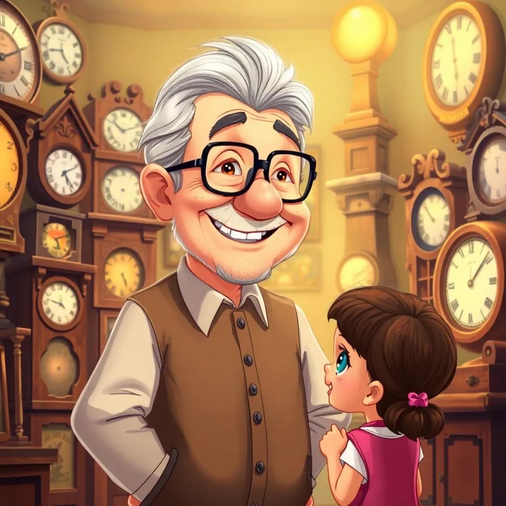 A cheerful old man, Mr. Timeway, with gray hair and glasses, standing in his clock shop surrounded by various clocks, smiling and engaging with a little girl, warm light, inviting atmosphere, detailed illustration