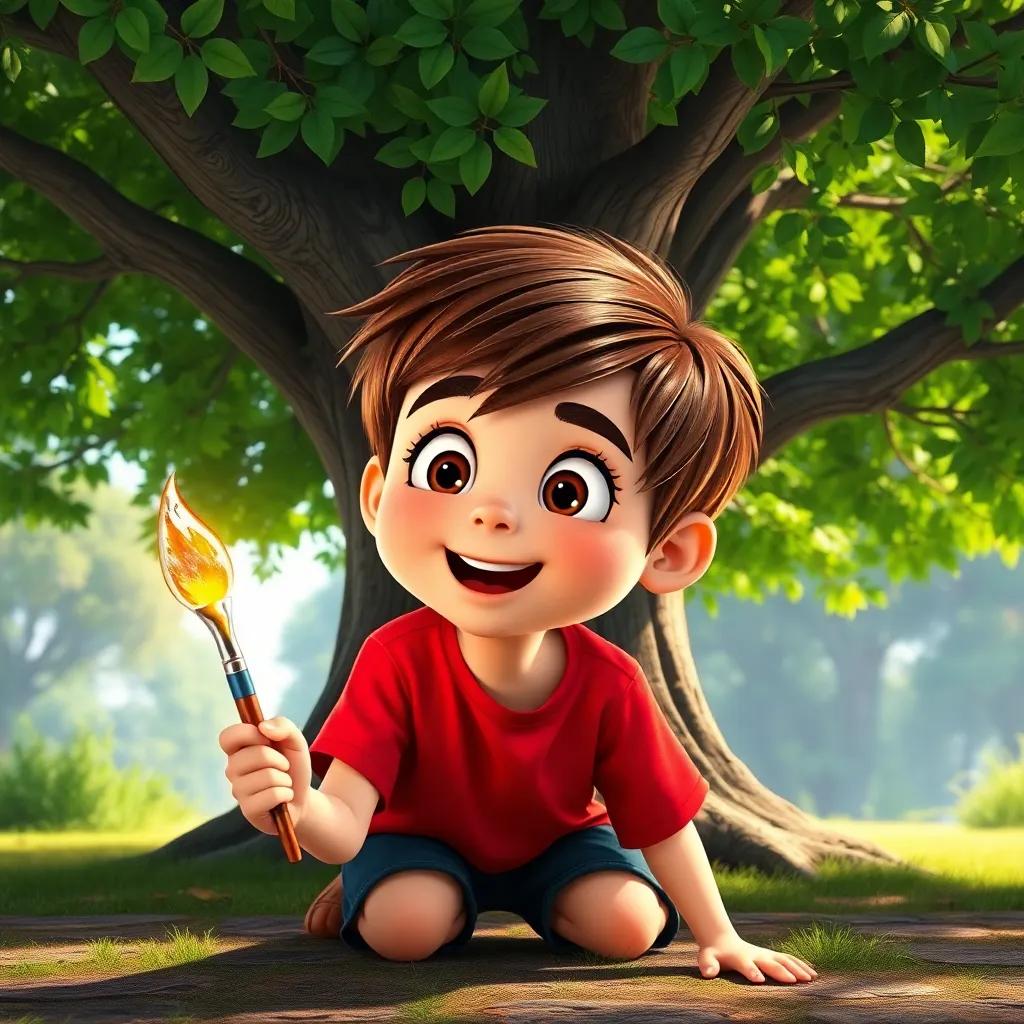 A young boy, Max, with short brown hair and a red T-shirt, kneeling under a big green tree, holding a shiny, magical paintbrush, looking excited, digital art, vibrant colors, cheerful atmosphere, close-up view, high quality
