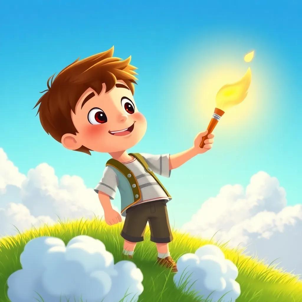 Max, a young boy with short brown hair, waving a glowing paintbrush at the sky on a grassy hill, surrounded by fluffy white clouds, bright sunshine, illustration, joyful, adventure-themed, colorful