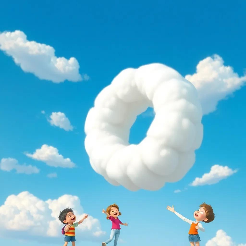 A fluffy white cloud shaped like a giant donut, rolling playfully in the blue sky with other clouds around it, children pointing and laughing below, whimsical, high-quality, uplifting