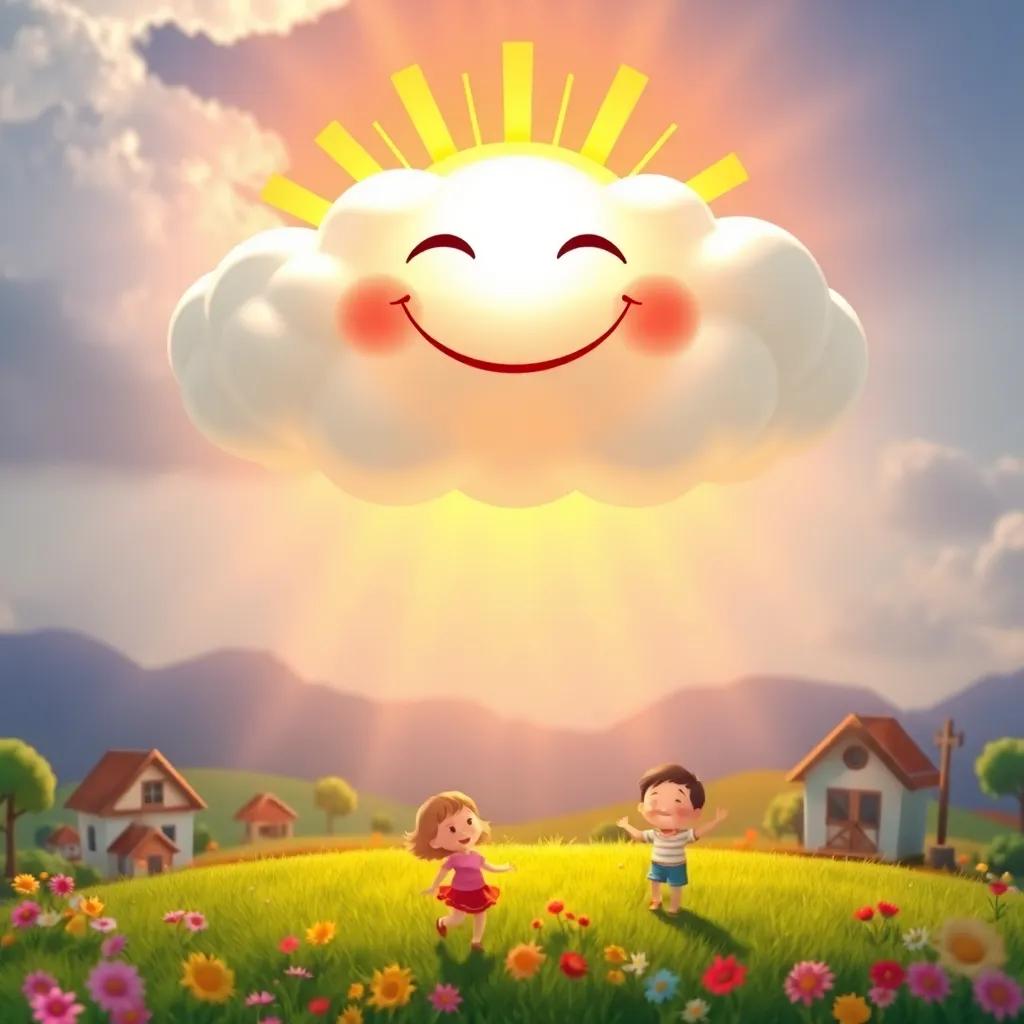 A cloud shaped like a big, smiling sun, with rays shining down, lighting up a colorful landscape below, children playing and smiling, cheerful colors, bright and inviting, high quality