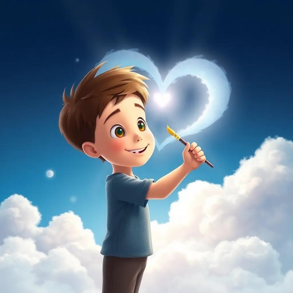 Max, a young boy with short brown hair, painting a heart-shaped cloud with a magical paintbrush, soft light shining down, spreading happiness, heartwarming, detailed, high quality