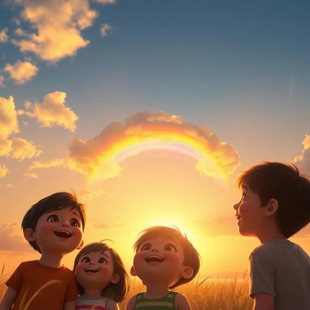 A colorful rainbow cloud shining brightly in the sunset sky, children below with awe on their faces, surrounded by a warm golden light, joyful scene, high quality