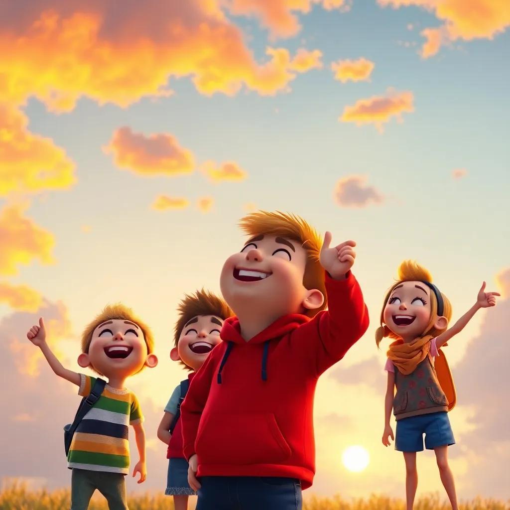 Max and friends enjoying the colorful cloud shapes, all laughing and pointing to the sky as the evening sun sets, joyful and warm atmosphere, high quality