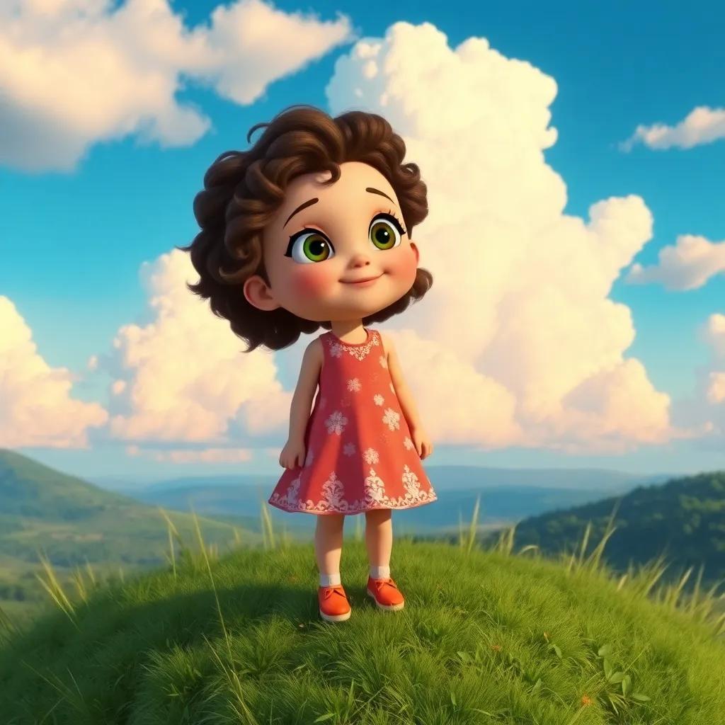 A young girl, Nora, with curly brown hair wearing a bright dress, standing on a hilltop, looking at fluffy clouds in the sky, digital art, cheerful atmosphere, vibrant colors, wide-angle view, high quality
