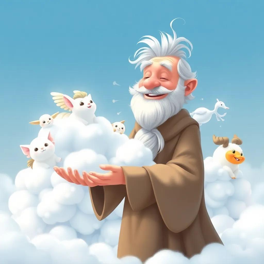 An old cloudmaker, with wispy white hair and long robe, shaping clouds into various animals, with a magical aura around him, smiling warmly, detailed illustration, whimsical, playful color palette, child-friendly