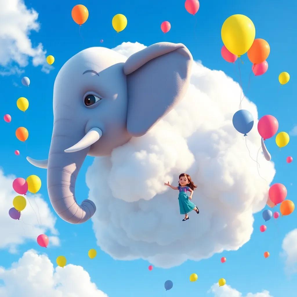 Nora and the cloudmaker creating a giant cloud elephant in the sky, with colorful balloons floating around, with laughter and joy in the air, bright blue sky, digital painting, lively scene, high detail