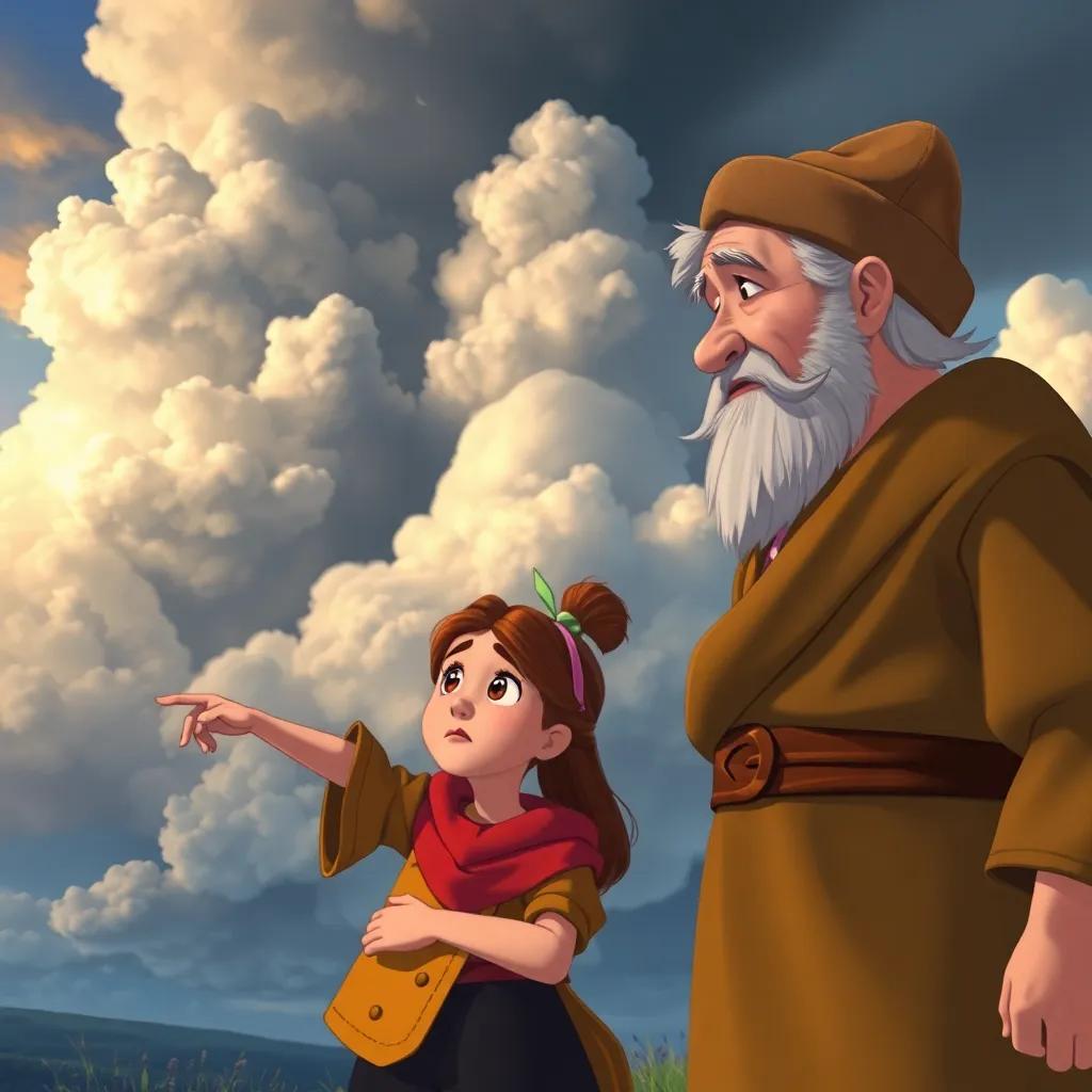 The old cloudmaker pointing at dark clouds in the distance while Nora eagerly listens, with a worried expression on her face, dramatic clouds gathering, vibrant contrast, storybook quality