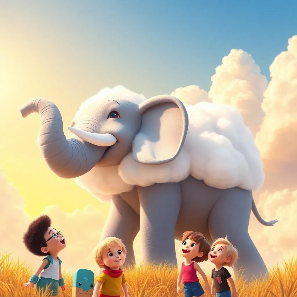 A giant cloud elephant playing in the sky with children below looking up amazed, with a sunny background and smiles all around, imaginative scene, vibrant colors, high quality